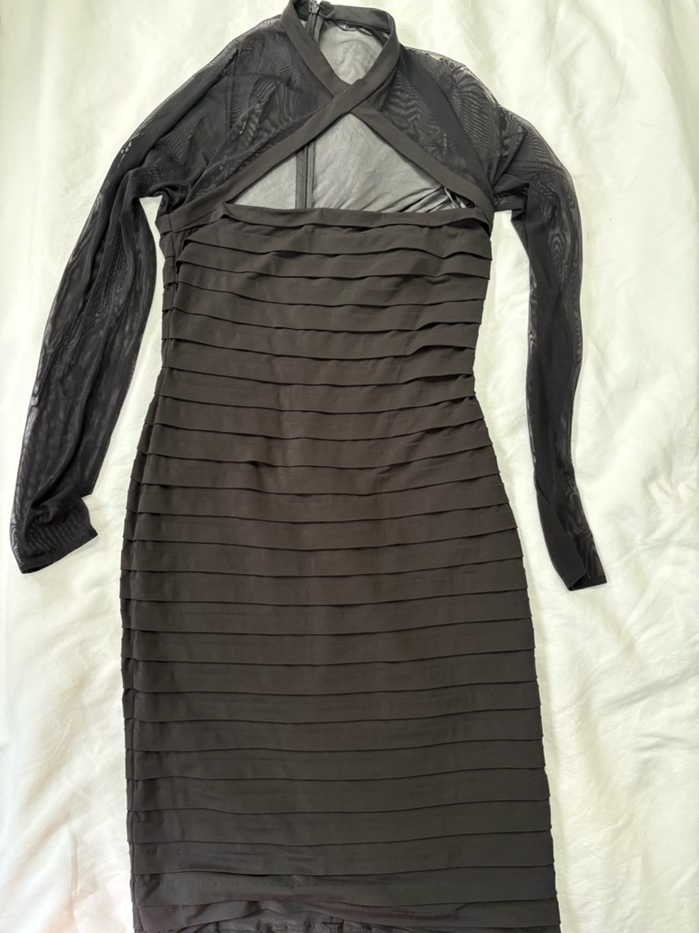Tadashi Bloomingdales Women's Black Layered Bodycon Dress Sheer Long Sleeves